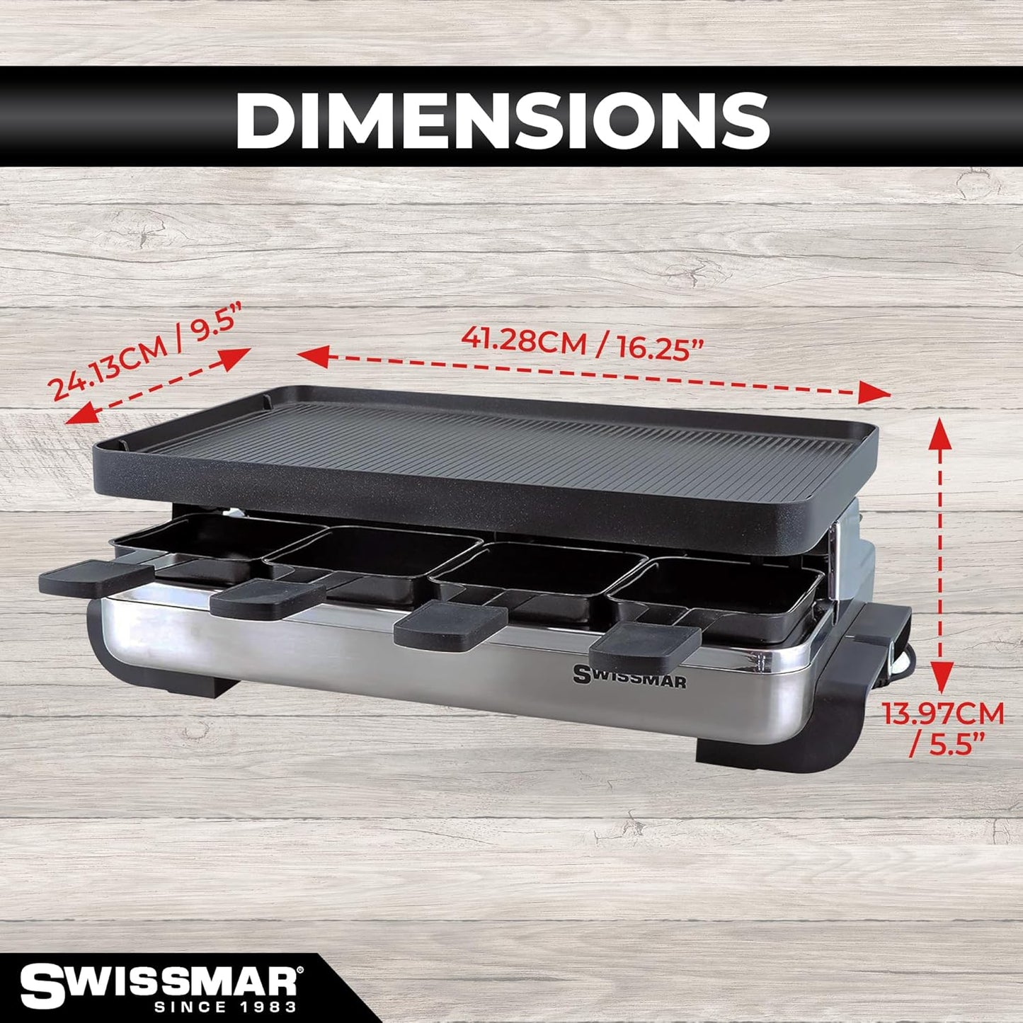 Swissmar Classic Raclette Party Grill with Reversible Cast Aluminum Non-Stick Grill Plate/Crepe Top, Outdoor & Indoor Electric BBQ Grill, Samgyupsal Griller - Brushed Stainless Steel - 8-Person