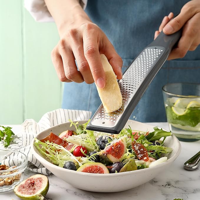 Spring Chef Premium Gray Lemon Zester Grater with Handle - Lime, Garlic, Ginger, Orange, Nutmeg, Fruit Grater - Heavy Duty Kitchen Tool - Stainless Steel Citrus Zester with Blade Cover - Fine Shred