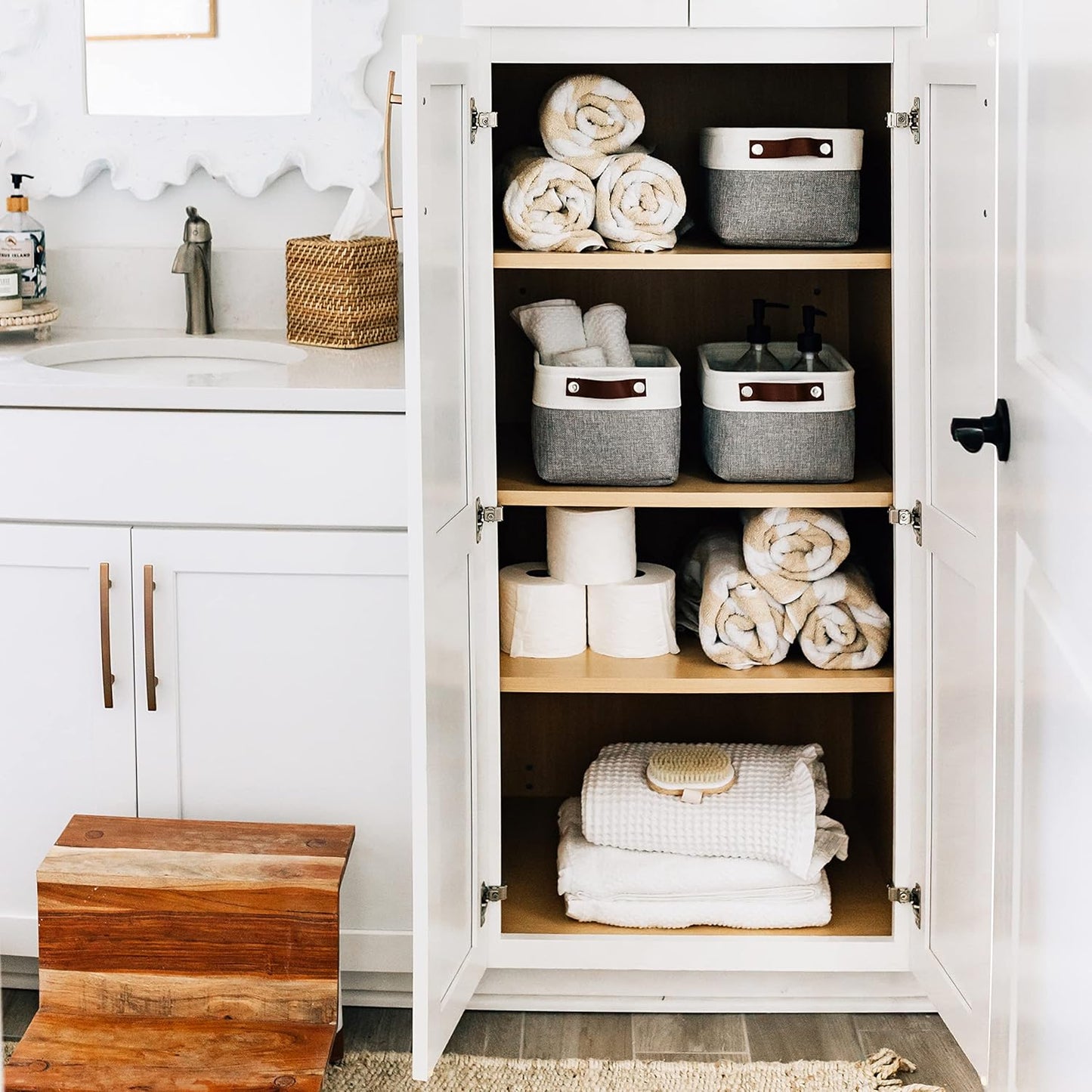 OrganiHaus Small Fabric Storage Bins for Shelves 6 Pack, 12x8in Closet Storage Bins for Shelves, Cloth Baskets for Organizing, Linen Closet Organizers, Fabric Basket, Gray/White