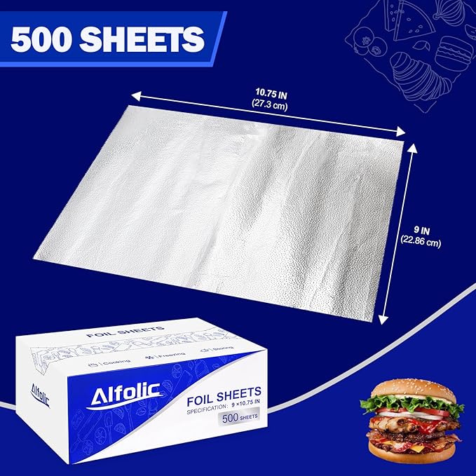 Aluminum Foil Sheets - 9" x 10.75" Pre Cut Tin Foil, Premium Aluminum Foil Wraps for Cooking, Storing Food - 500 Sheets