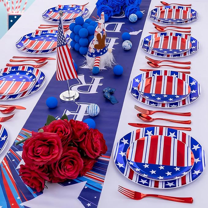 FLOWERCAT 60PCS 4th of July Plates & Red White Blue Plates for Independence Day, Memorial Day - American Flag Plastic Plates Include 30PCS 10.25inch Dinner Plates and 30PCS 7.5inch Dessert Plates