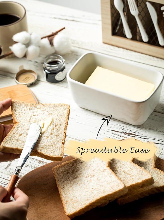 Covered Butter Dish for Countertop, Ceramic Butter Dish with Wooden Lid Airtight Butter Holder Container, Vintage HoneyBee Kitchen Decor, White