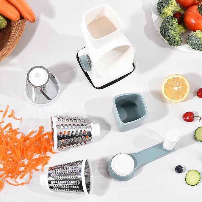 Rotary Cheese Grater Hand Crank Cheese Shredder Vegetable Mandoline Slicer for Kitchen 3 in 1 Changeable Blades for Cheese Potato Nuts Chocolate Ice (WhiteBlue)