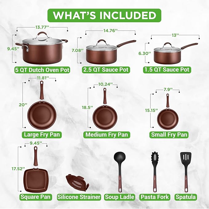 NutriChef 20 Piece Professional Home Kitchen Cookware and Bakeware, Pots and Pans Set Non Stick Kitchenware, Cool-Touch Handles, Safe for Gas, Electric, Induction Cooktops, Easy Clean, Brown