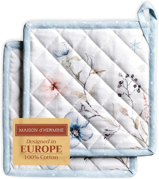 Maison d' Hermine Pot Holders Set 100% Cotton Heat Resistant Potholders 8" x 8" Hot Pads with Loop BBQ, Cooking, Baking, Grilling, Kitchen, Handling Hot Pans (Pack of 2, Ice Florals)