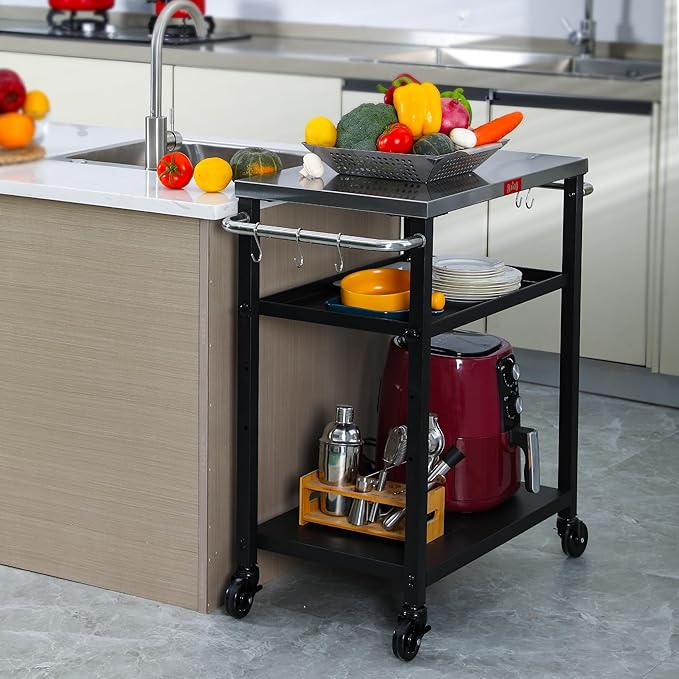 3-Shelf Grill Table,Pizza Oven Stand with Adjustable Shelf, Movable Grill Cart, for Outside,Outdoor Bar Cart with Wheels,Stainless Steel Tabletop,L34xW16.1