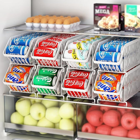 GILLAS 8 Pack Stackable Soda Can Organizer for Refrigerator, Can Holder Dispenser, Canned Food Storage Rack for Fridge, Kitchen, Countertops, Cabinets, White