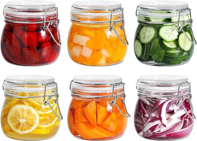 ComSaf Airtight Glass Canister Set of 6 with Lids 17oz Food Storage Jar Round - Storage Container with Clear Preserving Seal Wire Clip Fastening for Kitchen Canning Cereal,Pasta,Sugar,Beans,Spice