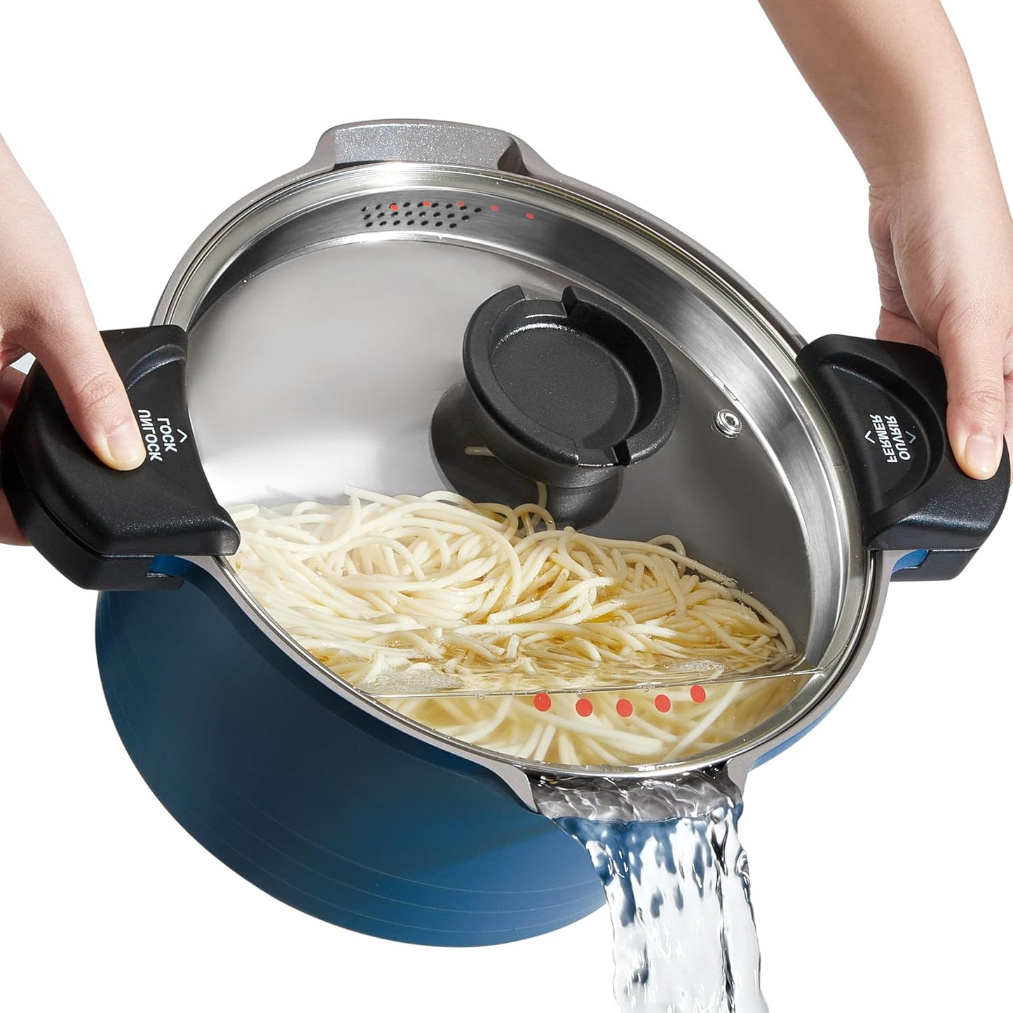 ACTIV CUISINE 8.5qt Pasta Pot with Strainer Lid, Cast Aluminum Stockpot Multipot, Nonstick Ceramic Coating make Cleanup easy with Tempered Glass Lid, Dishwasher Safe, Induction, Blue