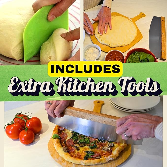 Large Pizza Stone for Oven 16 inch - Round Pizza Stone for Grill with Handles, Wood Pizza Peel and Cutter Set - Baking Stone for Bread - Pizza Making Kit Accessories - Gifts for Food Lovers
