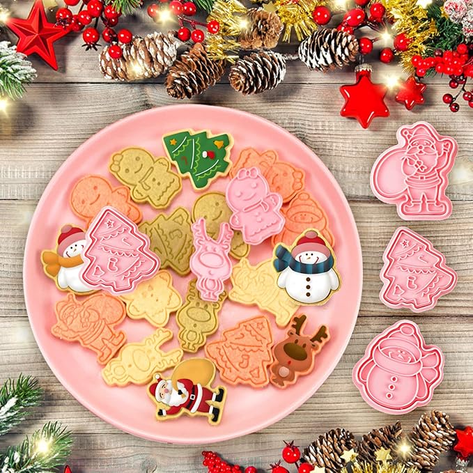 Leesgel Christmas Cookie Cutters, 3D Christmas Holiday Cookie Cutters Shapes with Santa/Xmas Tree/House/Deer, Christmas Party Decorations Ornaments