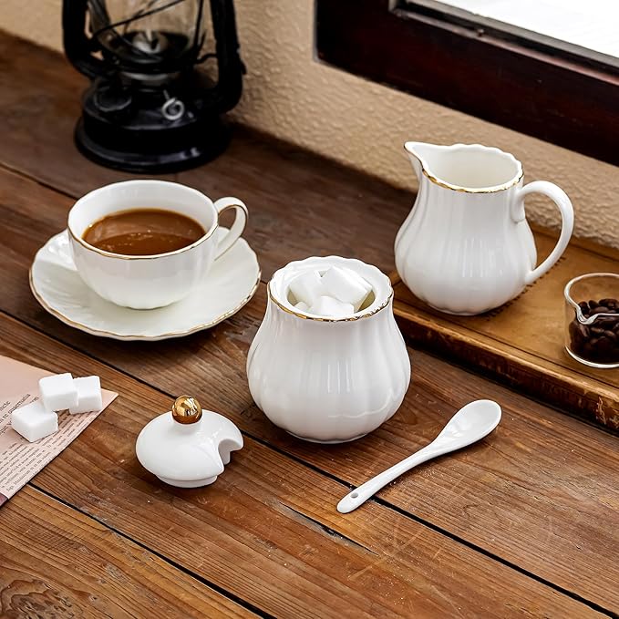 Ceramic Sugar and Creamer Set, 3 Piece with Cream Pitcher, Sugar Bowl with Lid and Spoon,Coffee and Tea Serving Set (White with gold line)