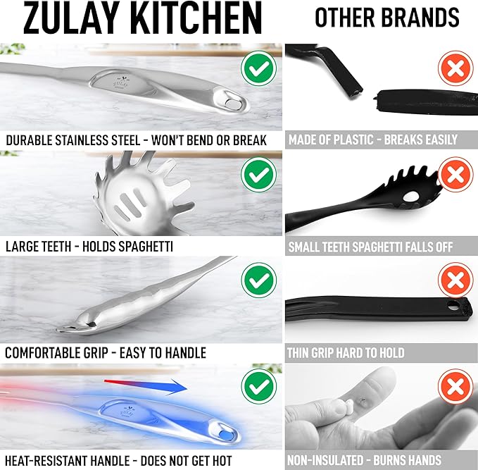 Zulay Kitchen Premium Stainless Steel Spaghetti Spoon - Pasta Spoon with Teeth - Metal Pasta Spoon - Pasta Fork Noodle Spoon - Easy to Use & Clean Pasta Utensil - 12’ Pasta Server