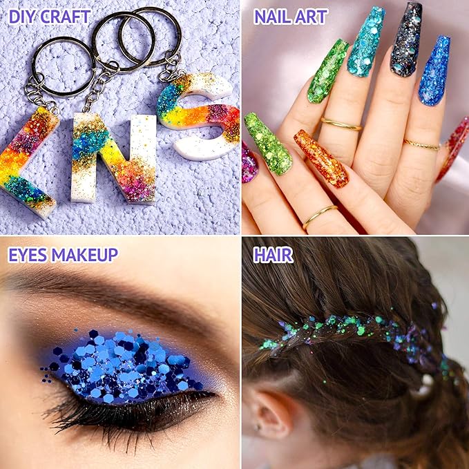 LEOBRO Holographic Chunky Glitter, Set of 32 Colors, Craft Glitter for Resin, Crafts Tumblers Nails Body, Christmas Halloween Sequins Flakes for Arts Crafts