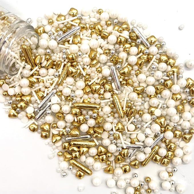 Weraru White Deluxe Gold Sprinkles Candy Mixing Size Baking Edible Cake Decorations Cupcake Toppers Cookie Decorating Celebrations Wedding Shower Party Chirstmas Supplies 130g/ 4.58oz