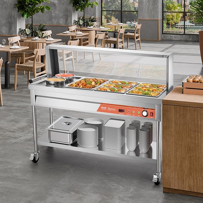 VEVOR Commercial Food Warmer, 7 Pans + 2 Pots Electric Steam Table, 1800W Professional Buffet Catering Food Warmer with Shield Undershelf Wheels, Stainless Steel Server for Party Restaurant Hotel
