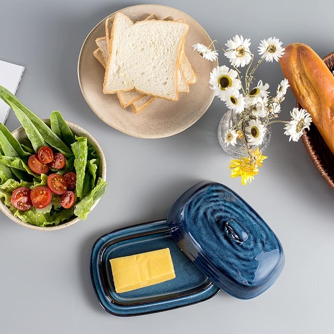 Hasense Porcelain Butter Dish with Lid, Covered Butter Container with Handle Design for Countertop, Blue