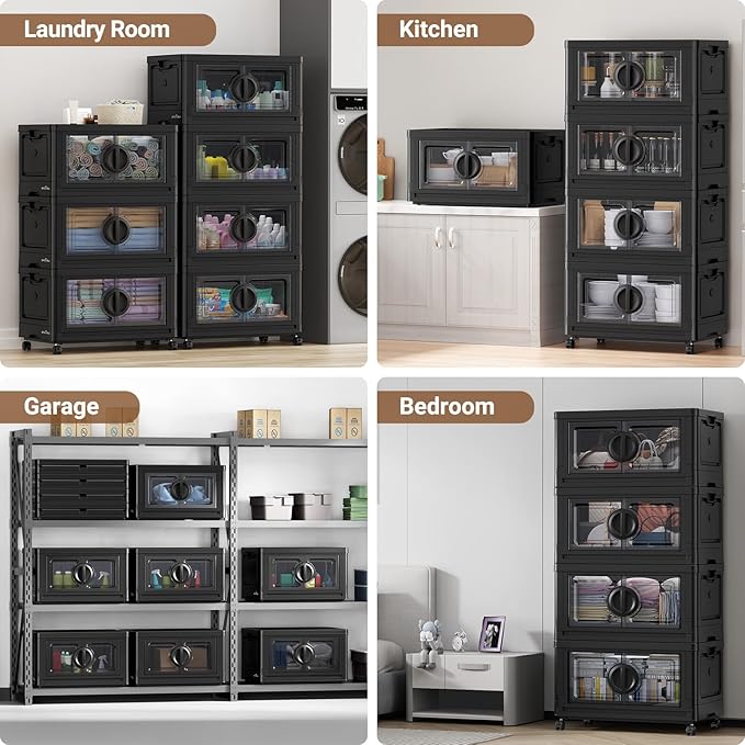 480Qt Lockable Stackable Storage Bins with Lids, Closet Organizers and Storage Drawer, Collapsible Storage Bin with Wheels, Plastic Cabinet for Toy Clothes Dorm Organizer, V9 4 Pack Black