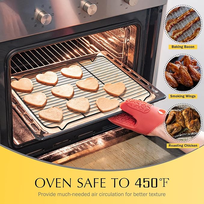 Cooling Rack Set of 2, E-far 1/2 Sheet Baking Racks for Oven Cooking Roasting Grilling, Non-stick 16.4” x 11.4” Wire Rack for Cookie Cake Bacon Meat Resting, Non-toxic & Easy to Clean