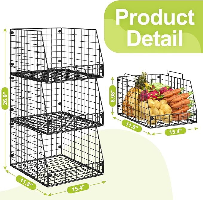 3 Pack XXL Stackable Wire Baskets, Large Storage Bins for Onion, Potato, Vegetable, Fruit, Snack, Pantry Baskets for Kitchen Cabinet Countertop, Pantry Organizers and Storage Solutions