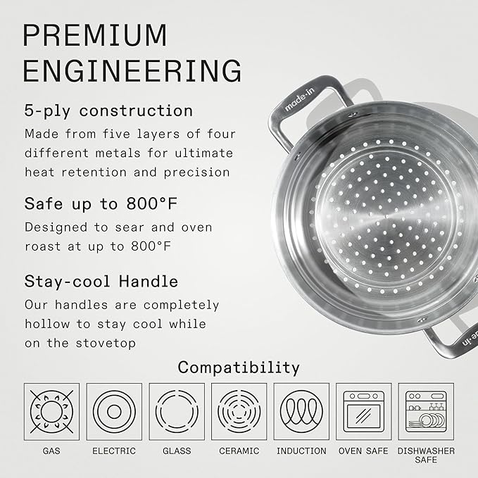 Made In Cookware - 10" Stainless Steel Steamer Insert - Pot Strainer - 8 Quart Compatible