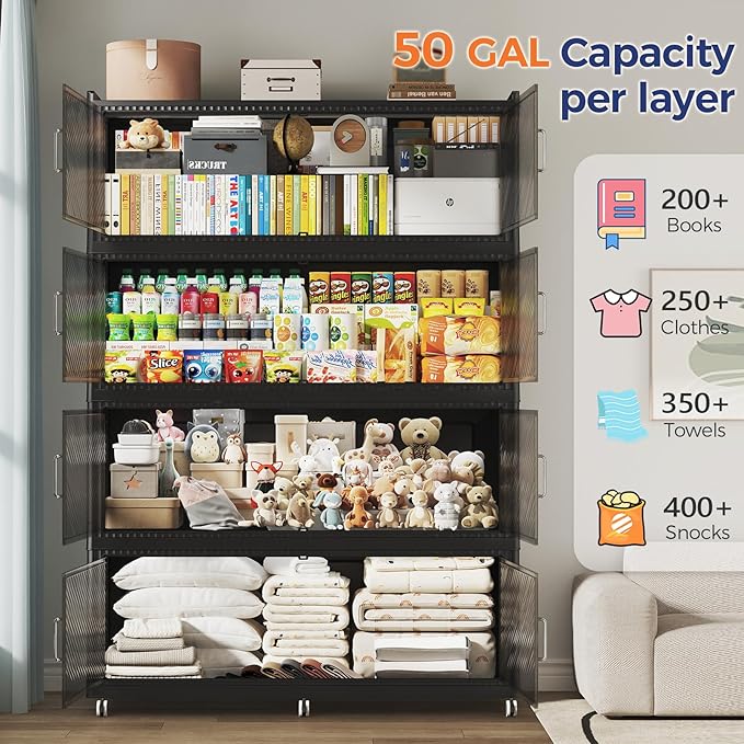 150GAL Extra Large Storage Bins with Lid, 600QT Plastic Stackable Storage Bins with 6x Wheels, Collapsible Closet Organizer and Storage Drawer Cabinet for Living Room Office Dorm, 3Pack Black