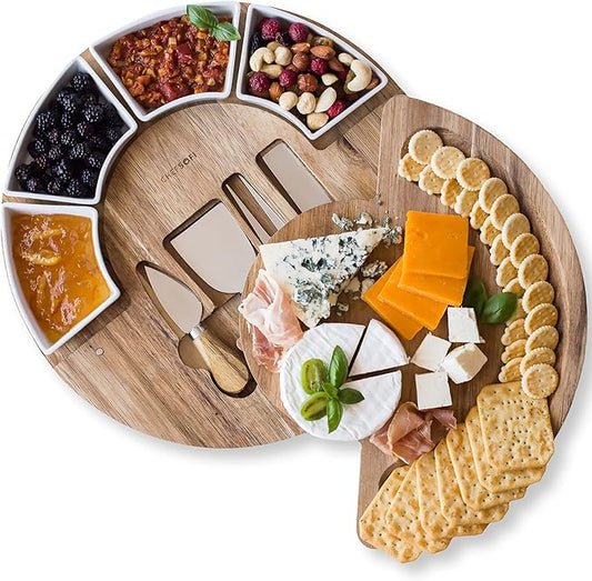 Cheese Board Set - Charcuterie Board Set and Cheese Serving Platter - Made from Acacia Wood - Mothers Day Gifts Optimal - US Patented 13 inch Cheese Board and Knife Set for Entertaining and Serving