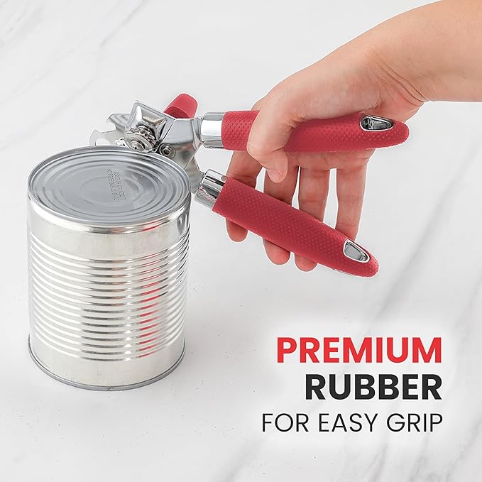 Zulay Kitchen Heavy Duty Stainless Steel Can Opener Manual with Large Bottle Opener - Manual Can Opener with Turn Knob with Soft Grip Handles - Red