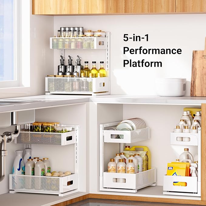 Pull-out Under Kitchen Sink Organizer, Metal Functional Under Sink Organizer, Height Adjustable Under Bathroom Sink Organizer, Under Sink Storage for Kitchen Bathroom Cabinet (White)