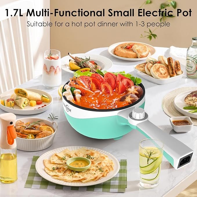 Audecook Hot Pot Electric, 1.7L Mini Electric Skillet Portable Nonstick Sauté Pan with Power Adjustment,Ramen Cooker Travel Multicooker for Steak/Soup/Egg/Oatmeal/Noodles