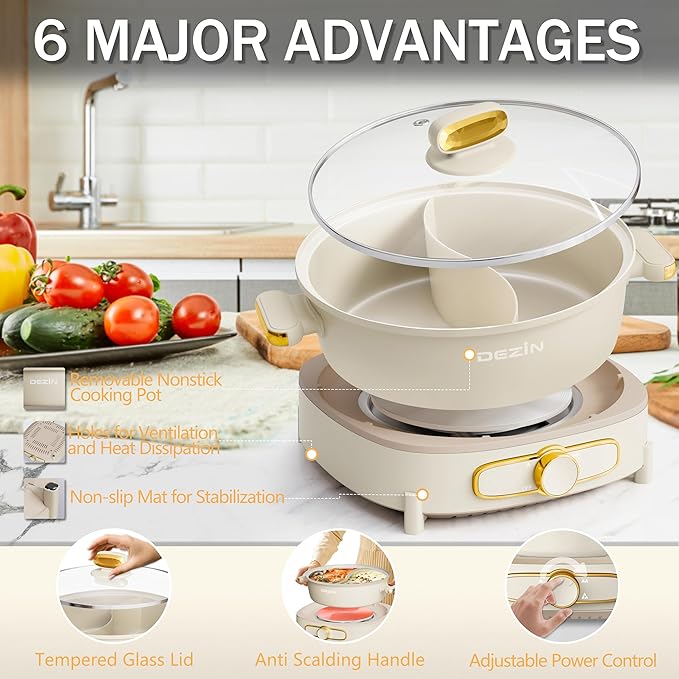 Dezin Hot Pot Electric with Divider, 6L Double-Flavor Shabu Shabu Pot, Dual Sided Removable Non-Stick Hotpot Pot Electric, 3" Depth Chinese Hot Pot with Multi-Power Control, 2 Silicone Ladles Included