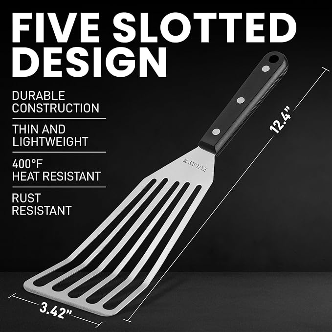 Zulay Kitchen Fish Spatula Stainless Steel - Spatulas for Non-Stick Cookware - Slotted Stainless Spatula - Easy to Clean Turner 12.4