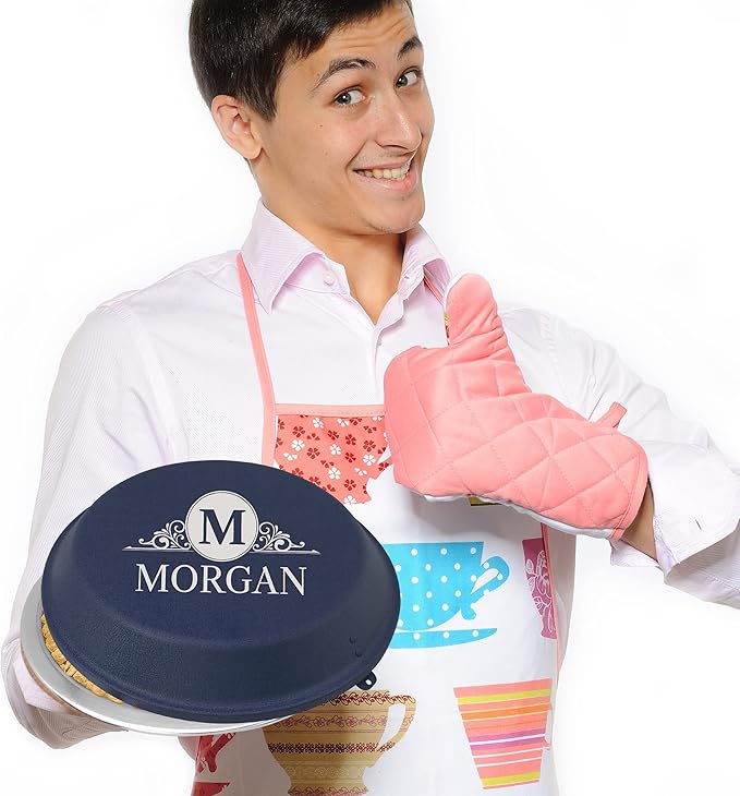 Personalized Aluminum Pie Pan with Lid, Customized Engraved Monogram Cake Pan - Wedding, Anniversary, Housewarming, Birthday Gift (Blue)