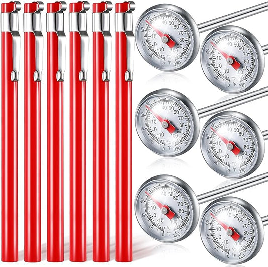 Xuhal 6 Pcs Stainless Steel Kitchen Thermometer with 5 Inch Long Stem 1 Inch Dial Thermometer Milk Frothing Food for Oven Probe Meat Grill BBQ Cooking Chocolate Water(Red)