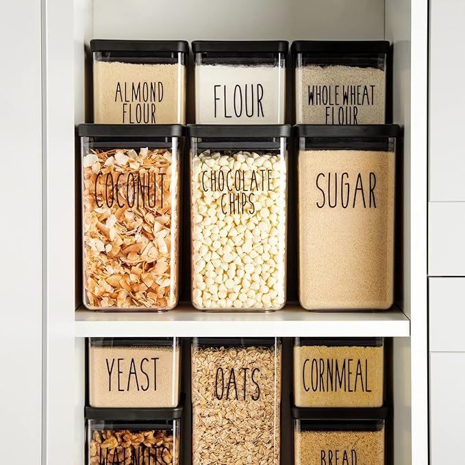 Talented Kitchen 136 Kitchen Sticker Labels for Food Containers - Varied Sizes, Black Text on Clear Background - Waterproof Labels for Jars & Storage