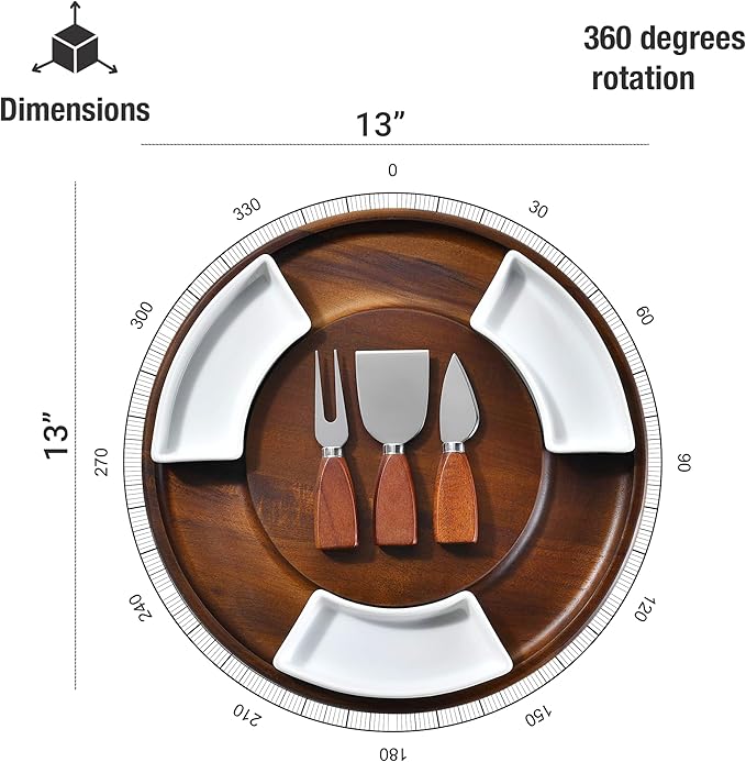 Shanik Acacia Wood Lazy Susan Cheese Board – Rotating Serving Platter for Cheese, Charcuterie, Appetizers, and Snacks, Entertaining, Parties, and Family Gatherings