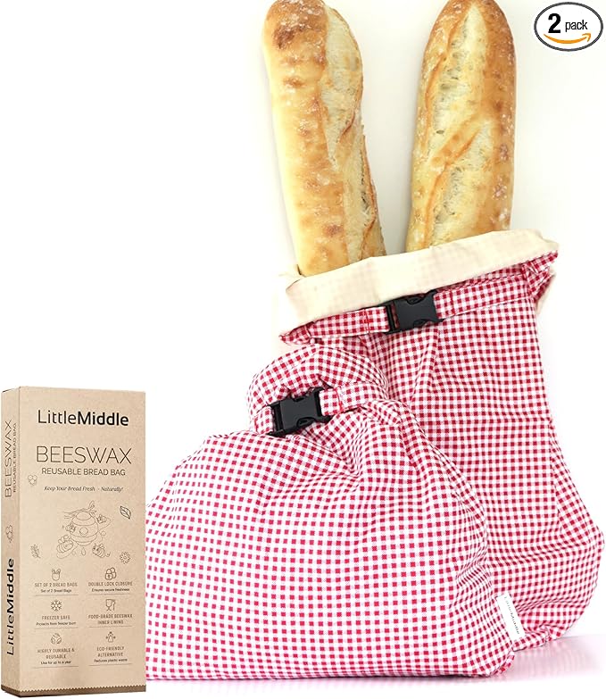 2 XL Beeswax Bread Bags for Homemade Sourdough, Produce, Sandwiches & Lunchbox Use - Reusable Bread Storage Bags, Washable (2-Pack)