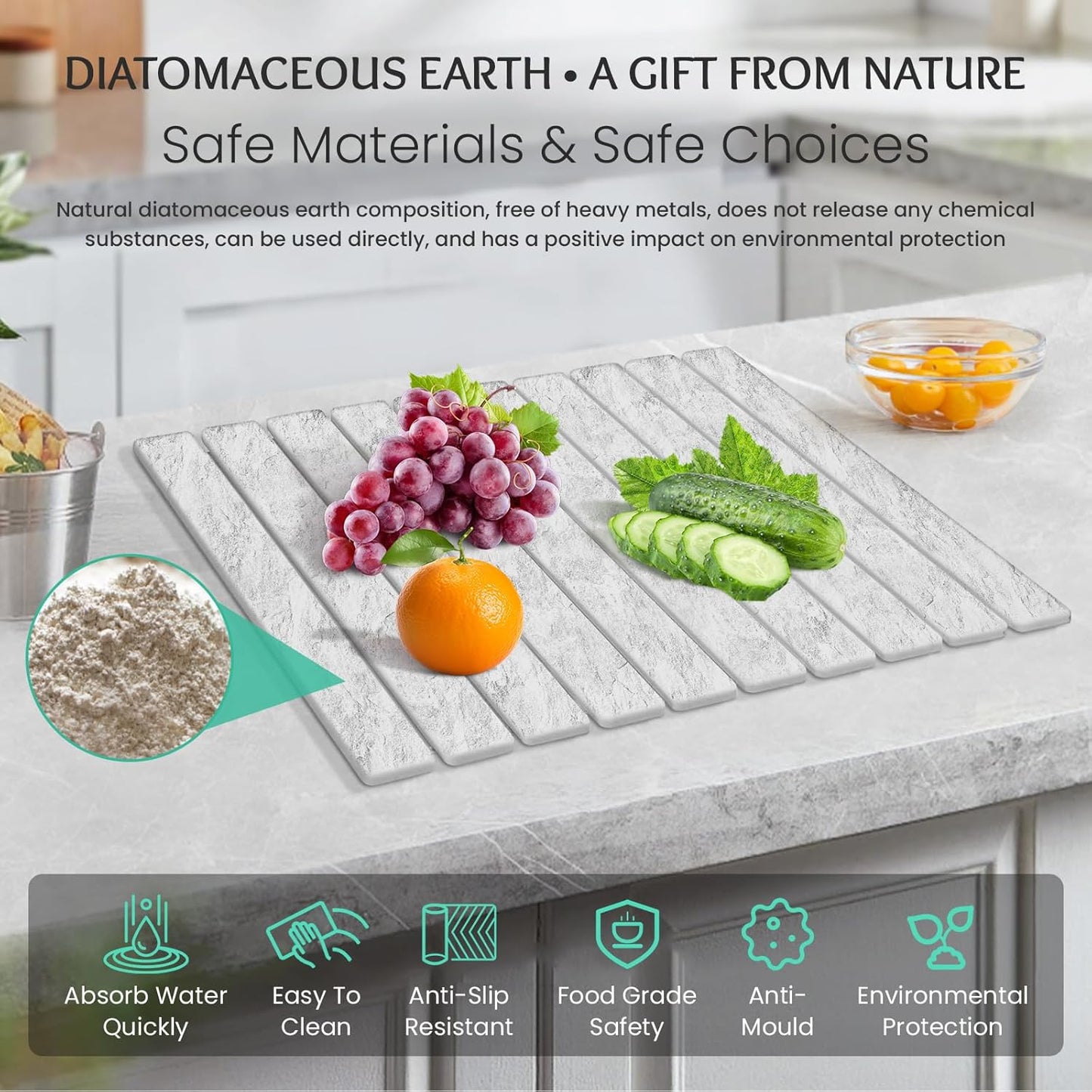 Stone Dish Drying Mat Collapsible Diatomaceous Earth Absorbent Mat Quick Dish Drying Pad Dish Rack Pad Match Any Counterto Multiple Usage for Kitchen,Bathroom (Light-Gray Frosted Pattern, 24"L x 16"W)