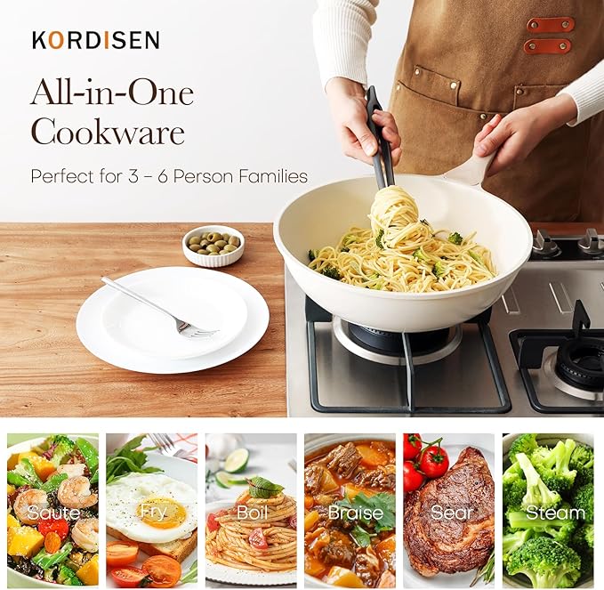 Nonstick Wok with Lid, 12 Inch Woks & Stir-fry Pans, Healthy Coating Induction Cookware, Compatible with All Stovetops, PFOA Free (Cream White)