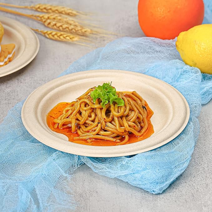 Gezond 100% Compostable Paper Plates 7 Inch, 150pcs Disposable Heavy-Duty Plates Unbleached Biodegradable Plate Made of Sugarcane Fiber
