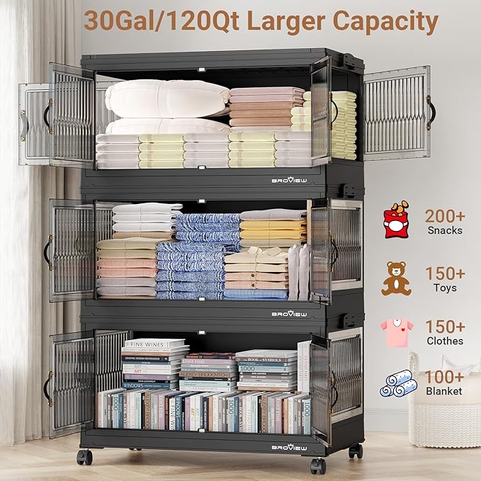 120QT Large Stackable Storage Bins with Lids, Plastic Closet Organizer and Storage Drawer, Collapsible Storage Box with Wheels, Folding Storage Cabinet with Doors for Home Kitchen, 1Pack Black