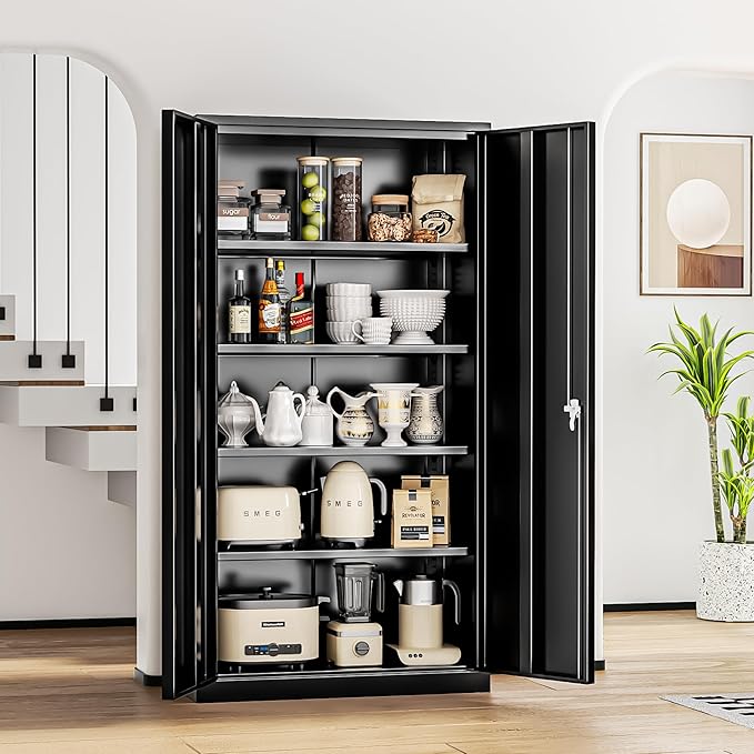 INTERGREAT Metal Storage Cabinets 72” Black Garage Steel Storage Cabinet with Doors and Shelves, Metal Tool Cabinet, Steel File Cabinet for Home Office, Basement, Warehouse, Classroom（Anti Tipping）