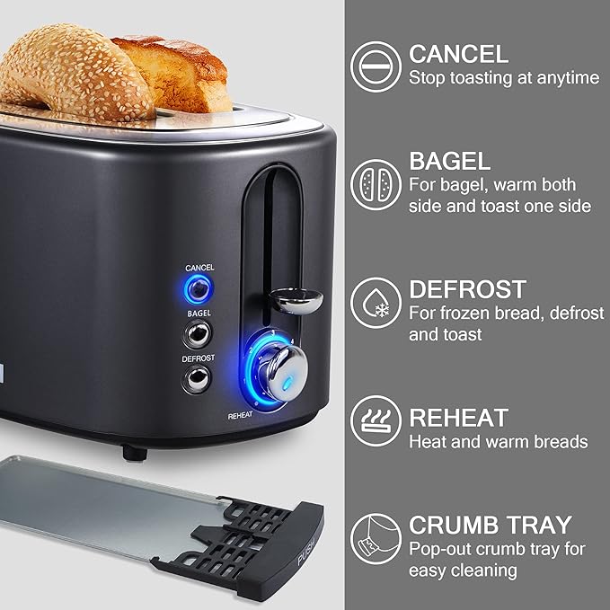 2 Slice Toaster with Cover,KETIAN Retro Stainless Steel Toasters,1.5'' Extra Wide Slot,Cancel Bagel Defrost Reheat Functions, 6 Toast Browning Settings, Removable Crumb Tray,Black