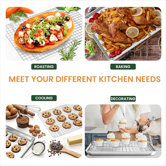 Stainless Steel Cookie Sheets, Baking Sheet Pan Set of 3 with Wire Cooling Rack, Non Stick and Heavy Duty and Easy Clean, 9/12/16 Inch