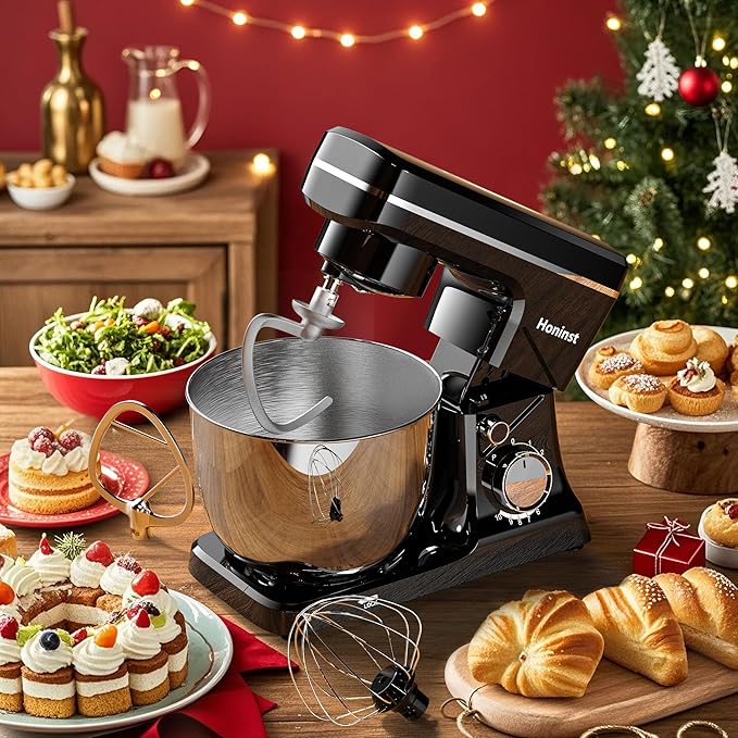 10-Speed Stand Mixer with 8-in-1 Splash Guard, Tilt-Head, 6QT Stainless Steel Bowl + Dishwasher-Safe Dough Hook/Whisk/Beater/Spatula for Baking Bread, Cakes, Cookies, Black