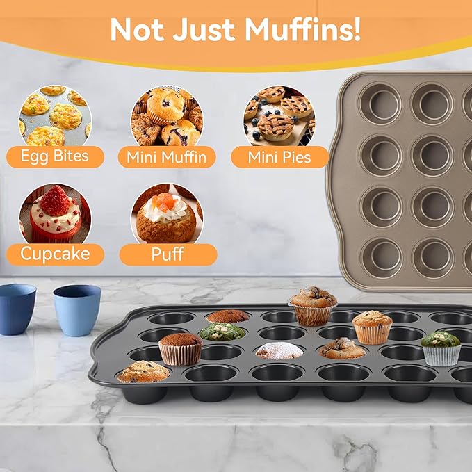 Mini Muffin Cupcake Pans 2 Pack, 24-Well Nonstick Mini Muffin Tin, PTFE Free and Dishwasher Safe