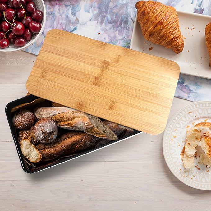 JIGUOOR Black Bread Box, Extra Large Space Saving Vertical Metal Bread Box with Wooden Cutting Board Lid, Holds 3 Loaves, Farmhouse Kitchen Bread Storage, Kitchen Parts Box 12.99" x 7.08" x 7.08"
