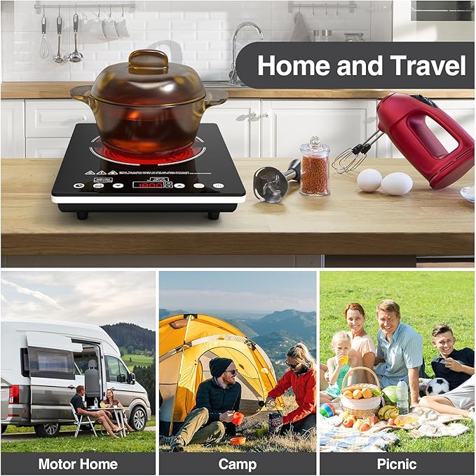 Single Burner Electric Cooktop 1800W - 110V Electric Stove Top Burner Portable Stove with Touch Control 9 Power Level - Induction Cooktop with Child Safety Lock Timer for Home Camping