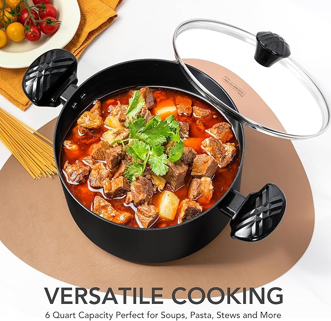 MICHELANGELO Stock Pot with Lid, 6 Quart Soup Pot with Lid, Nonstick Ceramic Cooking Pot with Stay-Cool Handle, Induction Compatible - 6QT, Black