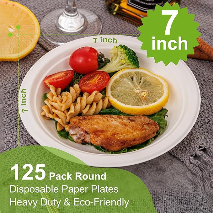 WELLIFE 100% Compostable Paper Plates 7 Inch, 125-Pack Dessert Paper Plates Bulk, Biodegradable Bagasse,Eco-Friendly Disposable Plate Small for BBQ,Picnic,Party (BPI Certified,Microwaveable)